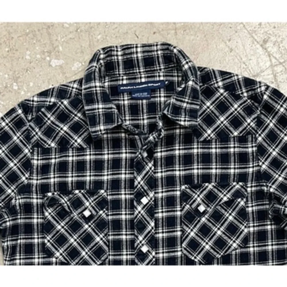 Ralph Lauren Sport Shirt Youth 14 Blue Plaid Flannel Diamond Pearl Snap Western